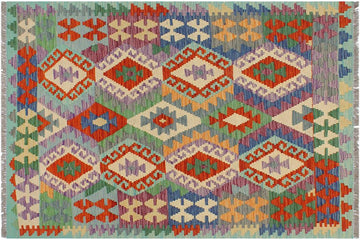 Flat Weave Kilim, Antique, Navaho, Vintage, Handmade, Geometric Kilim Rust Blue Hand-Woven Rectangle 100% Wool Area Rug 3 x 5